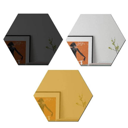 Acrylic Wall Mirror Sticker Set 16-Piece For Living Room Or Bedroom - hexagonal acrylic mirror stickers arranged above sofa to reflect light and expand space