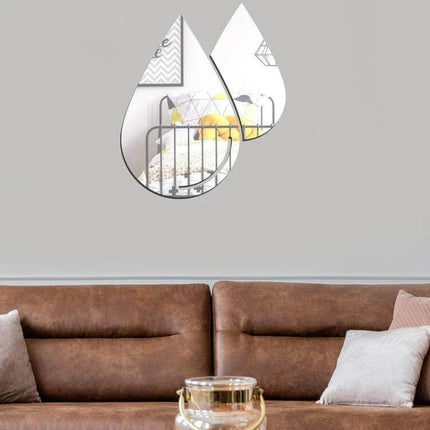 Acrylic Water Drop Mirror Wall Stickers, 2 Piece Set for Living Room — two teardrop acrylic mirrors above sofa adding reflective brightness