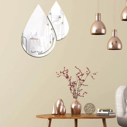 Acrylic Water Drop Mirror Wall Stickers, 2 Piece Set for Living Room mounted above console table reflecting room and brightening wall