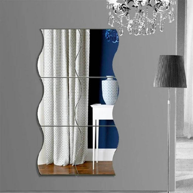 Acrylic Wall Mirror Wave Style For Home Decor Living Room - curved acrylic mirror panels on gray wall reflecting curtain and table
