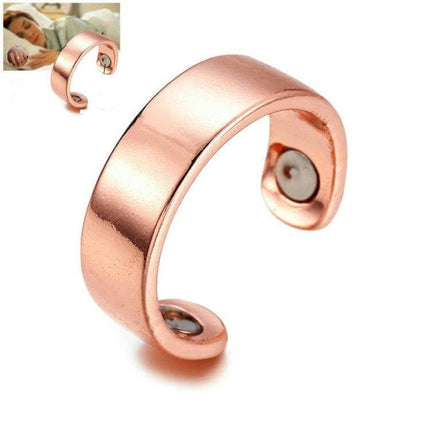 Acupressure Anti Snore Ring For Better Sleep And Breathing copper-tone magnetic little-finger ring shown with inset of person sleeping