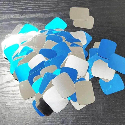 Adhesive Iron Sheet Metal Plate Sticker For Magnetic Phone Holders - pile of 35×45×0.3mm adhesive iron sheet plate stickers in silver and blue
