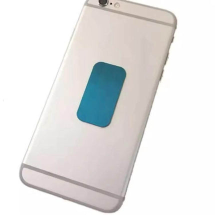 Adhesive Iron Sheet Metal Plate Sticker For Magnetic Phone Holders - blue rectangular metal plate stuck to smartphone back, 35×45×0.3mm