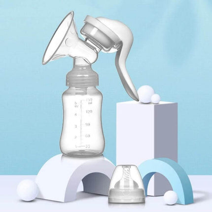 Adjustable 2 In 1 Manual Breast Pump And Feeding Bottle on display showing pump, bottle and nipple, food-grade PP silicone, portable dual-use design
