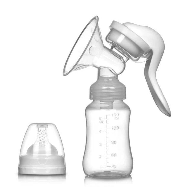 Adjustable 2 In 1 Manual Breast Pump And Feeding Bottle shown assembled with bottle, silicone flange and cap for travel-friendly milk expression and feeding