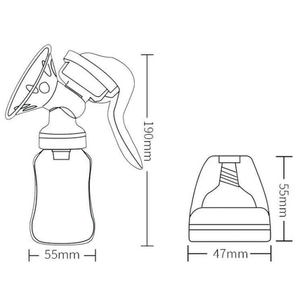 Adjustable 2 In 1 Manual Breast Pump And Feeding Bottle line drawing with dimensions 190mm height 55mm and 47mm base for travel and newborn use