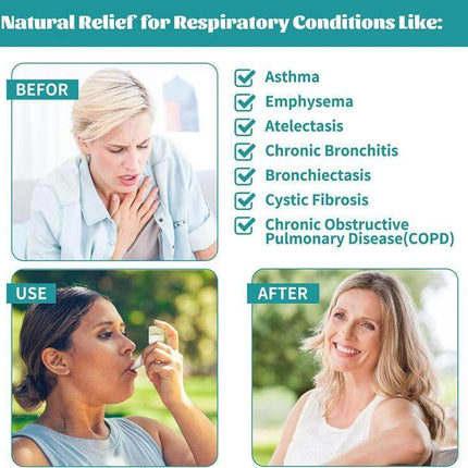 Adjustable 3-Ball Breathing Exerciser for Lung Capacity shown with before use after images and checklist of respiratory conditions