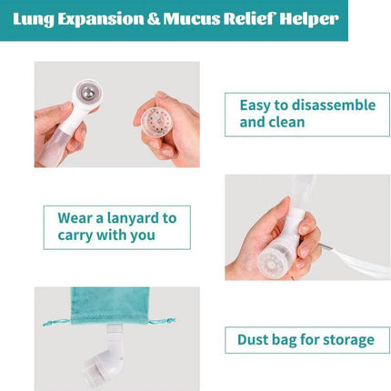 Adjustable 3-Ball Breathing Exerciser for Lung Capacity showing disassembled parts, lanyard carry option and dust bag for storage