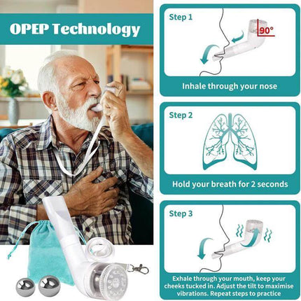 Adjustable 3-Ball Breathing Exerciser for Lung Capacity shown with senior using OPEP device and step-by-step inhale, hold, exhale instructions