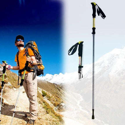 Adjustable Outdoor Trekking Poles for Hiking, Aluminum, 107-125 cm shown with hiker on mountain trail and folded pole