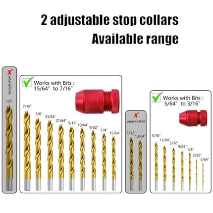 Adjustable Bit Stop Locator Drilling Aid Tool Type 2-5 showing two adjustable stop collars and compatible drill bit size ranges