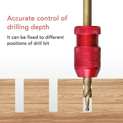 Adjustable Bit Stop Locator Drilling Aid Tool Type 2-5 red dual-material depth stop on drill bit over wood