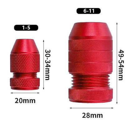 Adjustable Bit Stop Locator Drilling Aid Tool Type 2-5 red aluminium depth stop showing sizes 1-5 and 6-11 with dimensions