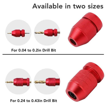 Adjustable Bit Stop Locator Drilling Aid Tool Type 2-5 red metal drill depth stop showing two sizes and drill bits