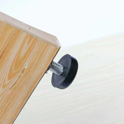 Adjustable Foot Pad for Furniture M6x12 Non Slip Black mounted on wooden table leg showing threaded height adjustment and non-slip rubber base