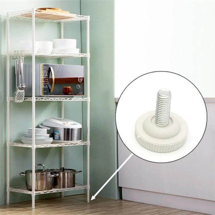 Adjustable Foot Pad for Furniture M6x12 Non Slip Black shown under shelving unit preventing wobble and protecting floor