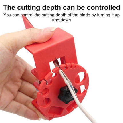Adjustable Handheld Wire Stripper For Quick Easy Wire Prep showing red tool with adjustable blade depth and wire inserted for precise stripping