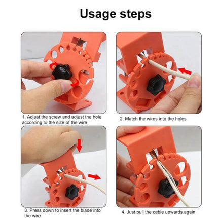 Adjustable Handheld Wire Stripper For Quick Easy Wire Prep showing usage steps with 14 hole sizes and adjustable blade depth