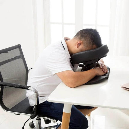 Adjustable Headrest Face Pillow For Desk Use Daily Comfort shown in use on a desk supporting a man’s face and neck