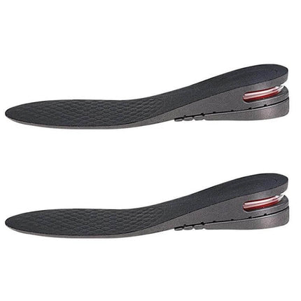 Adjustable Inner Height Insole Cut To Fit Black Five Layer shown in pair with five-layer stack, three-hole buckle and cut-to-fit edges for shoes
