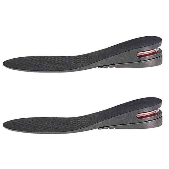 Adjustable Inner Height Insole Cut To Fit Black Five Layer shown in pair with five-layer stack, three-hole buckle and cut-to-fit edges for shoes