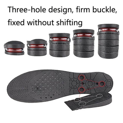 Adjustable Inner Height Insole Cut To Fit Black Five Layer showing stacked five-layer inserts, three-hole buckle and cut-to-fit shoe insole