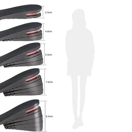 Adjustable Inner Height Insole Cut To Fit Black Five Layer showing 2.5–8.5cm stacked removable layers and silhouette height comparison