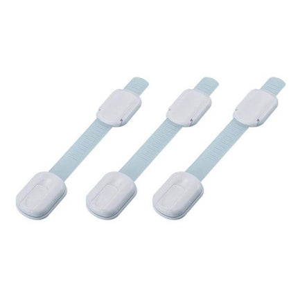 Adjustable Slide Baby Safety Lock for Cabinets and Drawers in white and blue, 3-pack of slim childproof cabinet and drawer straps
