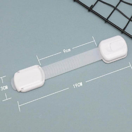 Adjustable Slide Baby Safety Lock for Cabinets and Drawers shown as a white adjustable strap lock with measurements for cabinets and drawers