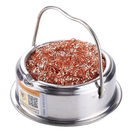 Adjustable Soldering Iron Holder With Built-In Tip Cleaner showing metal wire tip cleaner in stainless holder