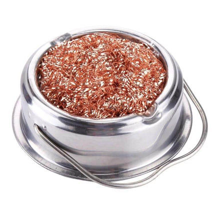 Adjustable Soldering Iron Holder With Built-In Tip Cleaner showing metal tip cleaner cup with copper wool for electronics workbench