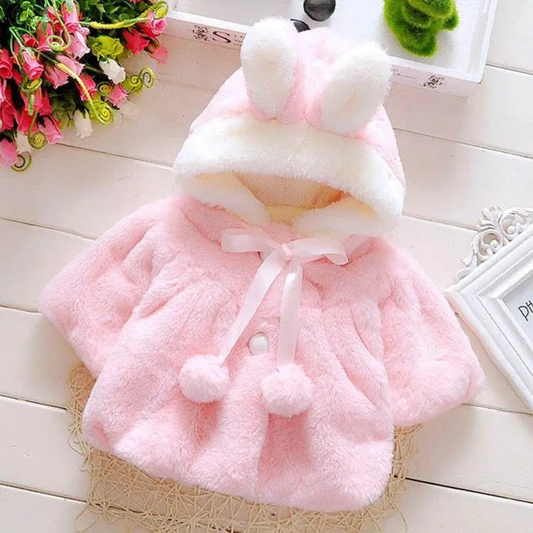 Adorable Female Baby Cartoon Rabbit Ears Hooded Fur Shawl Coat