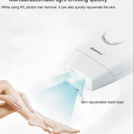 Aimanfun IPL Epilator For Whole Body Hair Removal At Home white handheld device showing light flashes treating legs, ergonomic compact design