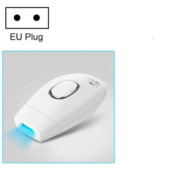 Aimanfun IPL Epilator For Whole Body Hair Removal At Home compact white device with EU plug and blue flash indicating IPL