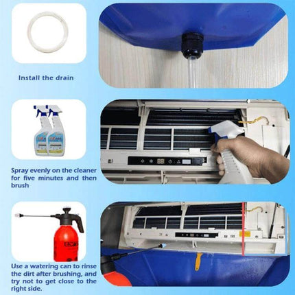 Air Conditioner Cleaning Bag For Hanging Units 1-1.5P PVC maintenance bag collecting runoff during servicing with hose and bucket, fits units under 92 cm