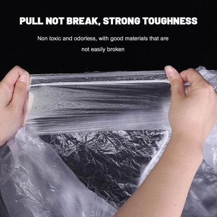 Air Conditioner Dust Cover for Indoor Unit 70x145cm showing hands stretching clear PE cover with elastic cinch and tear-resistant material