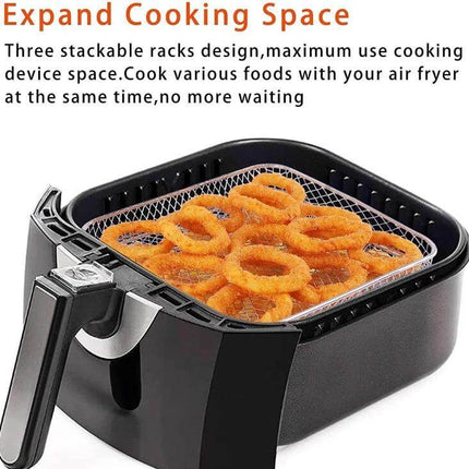 Air Fryer Accessories Three Layer Steam Rack Stackable stainless steel three removable trays shown in air fryer with onion rings