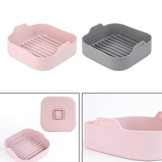 Air Fryer Silicone Grill Pan Liners Assorted Sizes For Easy Cleanup - reusable silicone liners in pink and gray, ridged nonstick air fryer pan liners