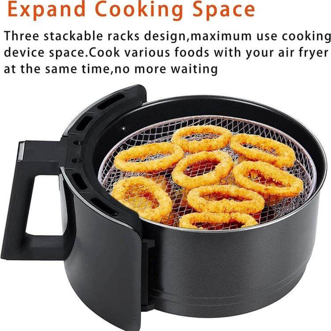 Air Fryer Steam Rack 8 Inch For Easy Everyday Cooking - 3 detachable stackable trays in air fryer holding onion rings to expand cooking space