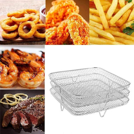 Air Fryer Accessories Three Layer Steam Rack Stackable stainless steel removable trays shown with fries, onion rings, shrimp and steak