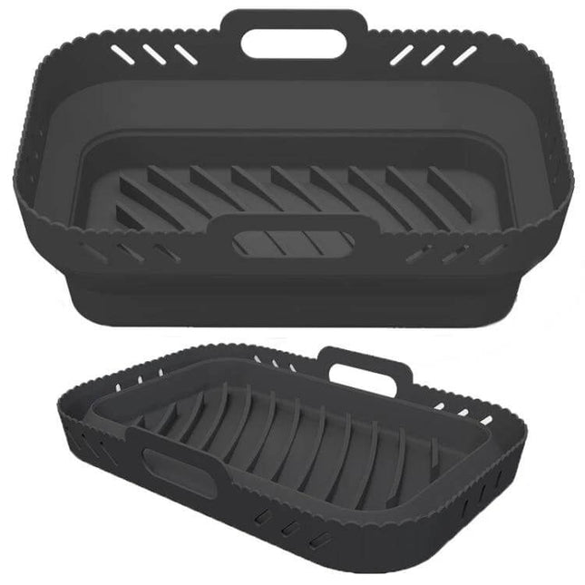 Air Fryer Silicone Mat Foldable Tray For Crispy Meals - black food-grade silicone nonstick foldable air fryer tray with sloped ridges and handles