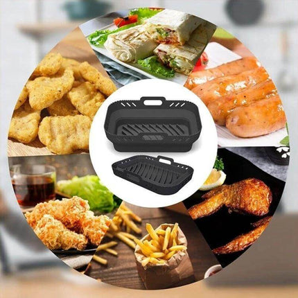 Air Fryer Silicone Mat Foldable Tray For Crispy Meals displayed with crispy fries, chicken, nuggets, shrimp and grilled foods