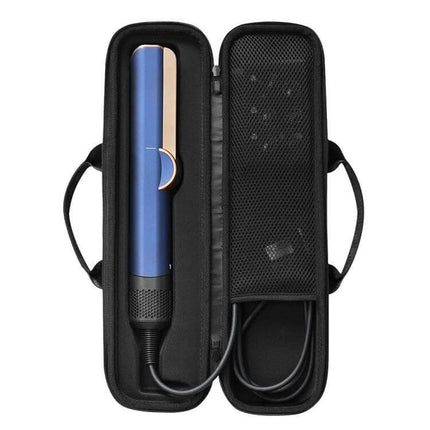 Airstrait Anti Fall Storage Bag For Wet And Dry Hair Dryer open case showing blue styling tool secured with high-density inner support and mesh pocket