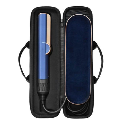 Airstrait Anti Fall Storage Bag For Wet And Dry Hair Dryer with high-density support holding blue hair straightener and cord in protective travel case