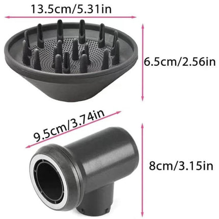 Airwarp Diffusion Nozzle Attachment For Dyson Hair Dryer With Adapter - black nylon diffuser and adapter with measurements