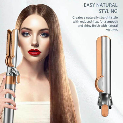 Airwrap Straightening Nozzle Attachment For Wet To Dry Styling on model showing smooth, frizz-free hair with wet-to-dry heat-free straightening