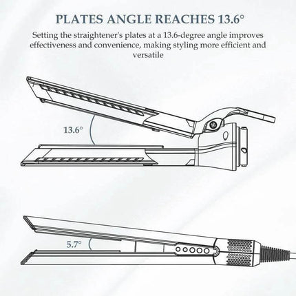 Airwrap Straightening Nozzle Attachment For Wet To Dry Styling showing angled straightener plates and 13.6°/5.7° plate angle diagrams