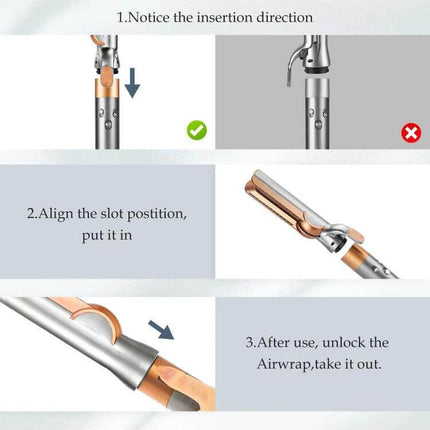 Airwrap Straightening Nozzle Attachment For Wet To Dry Styling - instructional image showing correct insertion, alignment of slot, and unlocking removal