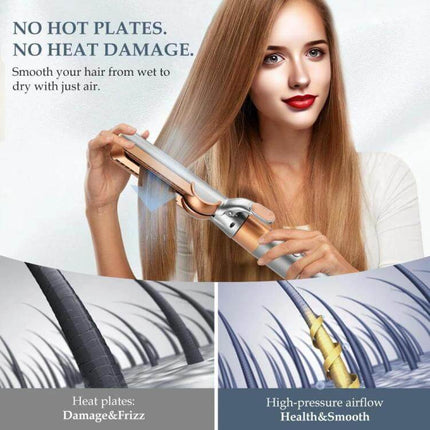 Airwrap Straightening Nozzle Attachment For Wet To Dry Styling showing heat-free straightening on damp hair to reduce frizz and smooth strands