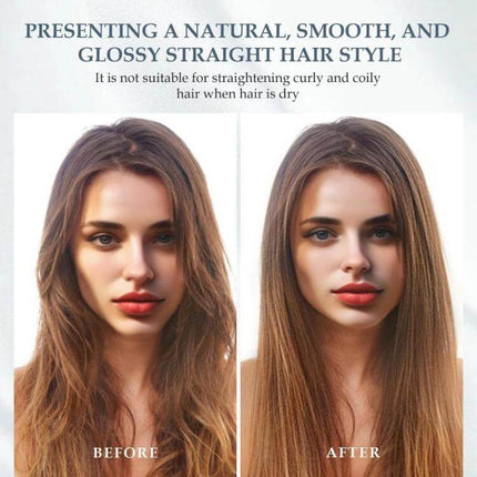 Airwrap Straightening Nozzle Attachment For Wet To Dry Styling showing before and after damp hair frizz reduction and smooth straight results